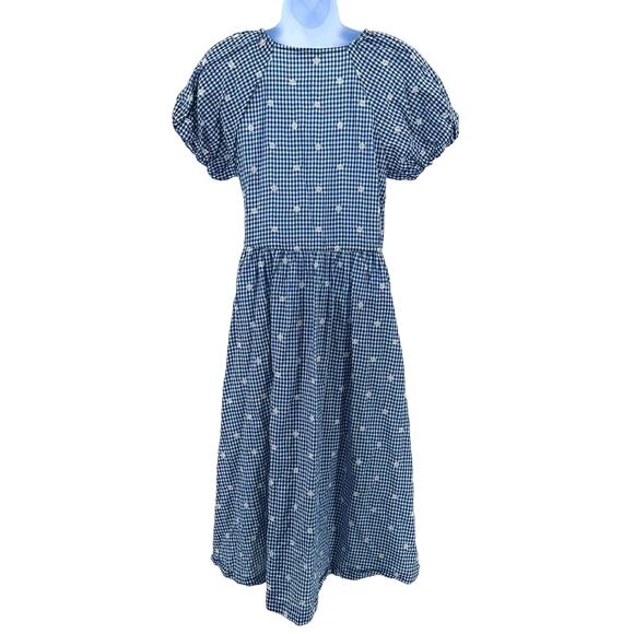 Madewell Blue White Faux Wrap Embroidered Gingham Check Midi Dress XXS Tie Waist - Picture 2 of 12